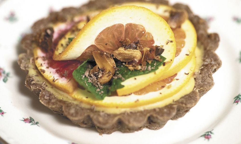 Citrus and chocolate tartlets are paired with Archery Summit 2012 Arcus Estate Pinot Noir.##Photo by Andrea Johnson