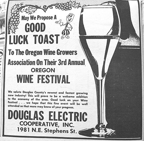 Roseburg News Review clippings from the ’70s show community support for the Oregon Wine Festival. Now known as Greatest of the Grape, the Umpqua Valley gala is celebrating 45 years.##Images courtesy of Roseburg News Review