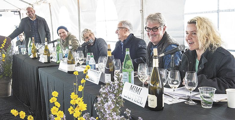 The 2015 Chardonnay Symposium panel, led by Rajat Parr (standing), included (from left) Jason Lett, John Paul, Craig Williams, Thomas Bachelder and Mimi Casteel.##Photo by Andrea Johnson