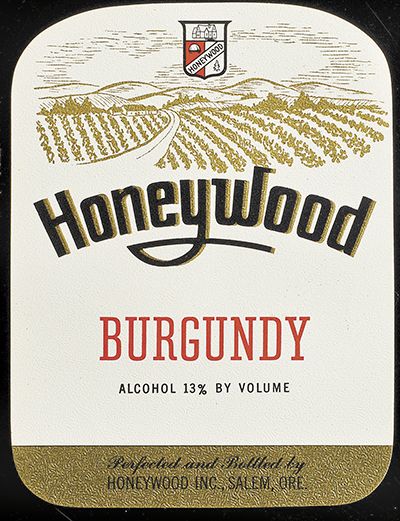 Vintage labels show Honeywood’s business model of selling fruit wines like Pinot Noir, then allowed to be labeled “Burgundy.” Labeling laws prohibiting the use of French appellations on American wines were not created yet. ##Image provided
