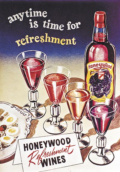 A 1950s Honeywood advertisement praises the wines’ refreshing qualities any time of day. ##Image provided