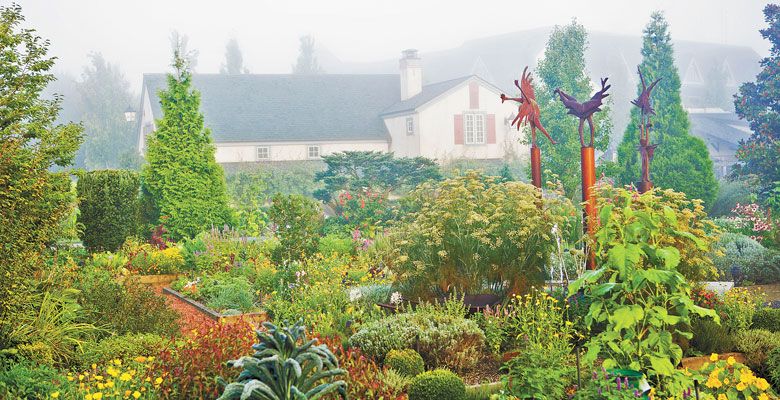 Fog covers The Herbfarm and its lush culinary garden. ##Photo by Ron Zimmerman/The Herbfarm.