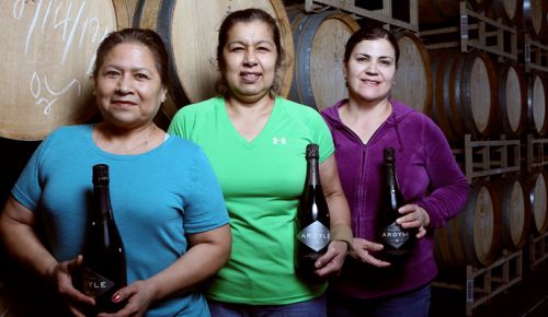Part of the Argyle family, Carmela Reyes (from left), Martha Acevedo, and Maria de Jesus Quiroz-Guerrero call themselves “The Señoras” at the Newberg winery. ##Photo by Rockne Roll