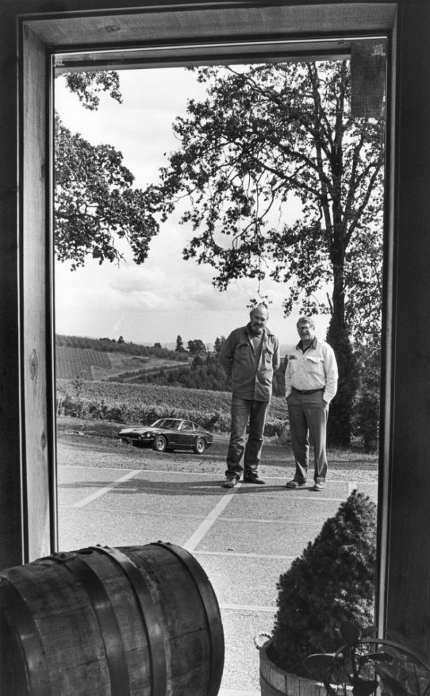 Dick Erath (left) and Cal Knudsen at Knudsen Vineyards, taken in 1980.##Photo courtesy of Knudsen Vineyards