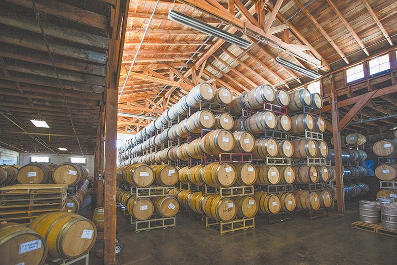 A peek inside Pallet Wine Company s barrel room within the converted historic Cooley-Neff warehouse building in downtown Medford. ##Photo by Megan Stefenn of Untapped Media