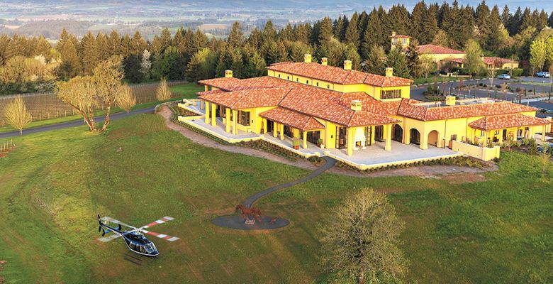 A helicopter lifts off at Domaine Serene in the Dundee Hills and heads to Downtown Portland. ##Photo courtesy of Hillsboro Aviation