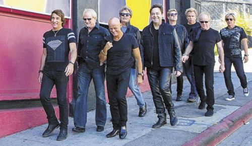 (Left to right) Chicago band members Walfredo Reyes Jr., Lee Loughnane, Tris Imboden, Robert Lamm, Lou Pardini, Keith Howland, Ray Herrmann, James Pankow and Jeff Coffey. ##Photo by David M. Earnisse