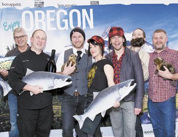 Participating local chefs celebrate Feast Portland s launch in NYC on May 22.  From left: Ken Forkish (Ken s Artisan Bakery/Pizza), Vitaly Paley (Paley s Place), Elias Cairo (Olympic Provisions), Naomi Pomeroy (Beast), Jesse Manis (Cacao), Aubrey Lindley (Cacao) and Nate Tilden (Clyde Common).