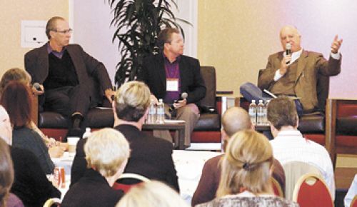Northwest wine industry leader Allen Shoup, right, addresses 200 attendees at Napa’s Wine Tourism Conference in November
as Michael Mondavi, left, and Napa destination
tourism director Clay Gregory, center, listen.