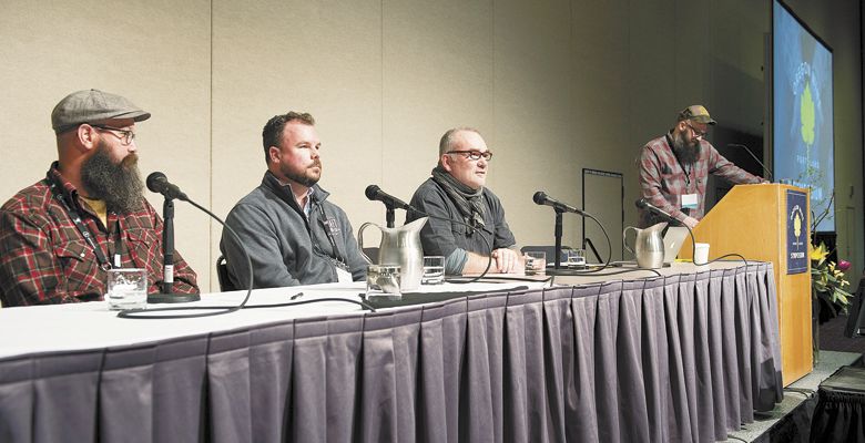 : The panel for “Understanding control points from crush pad to barrel in the minimal intervention cellar” included (from left): Mike Roth of Lo-Fi Wine in Santa Barbara; Chad Stock of Craft Wine Co.; Eric Texier of Brézème; and Andrew Bandy-Smith of Failia Wines. ##Photos by Carolyn Wells-Kramer