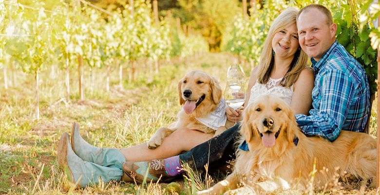 Kristin and Devin Andolsen and their Golden Retrievers, Doofs and Champers, in the vineyard. ##Photo provided