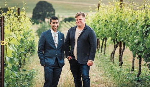 Sommelier Levi Seed (left) and winemaker Nicholas Keeler at Keeler Estate Vineyard. ##Photo by Kathryn Elsesser