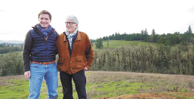 Thibault Gagey (left), head of operations for Maison Louis Jadot’s Oregon project, Rèsonance, stands with legendary winemaker Jacques Lardière at the well-regarded Oregon vineyard. ##Photo provided