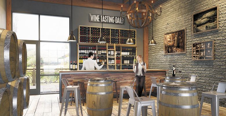 The Tasting Room interiors of The Wineries at Woodland will include warm, rustic colors and natural wood. ##Image Courtesy of WIneries at Woodland