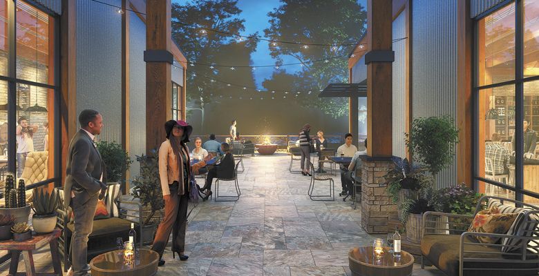 A lively patio connects two adjacent buildings in the design of the development. ##Image Courtesy of WIneries at Woodland