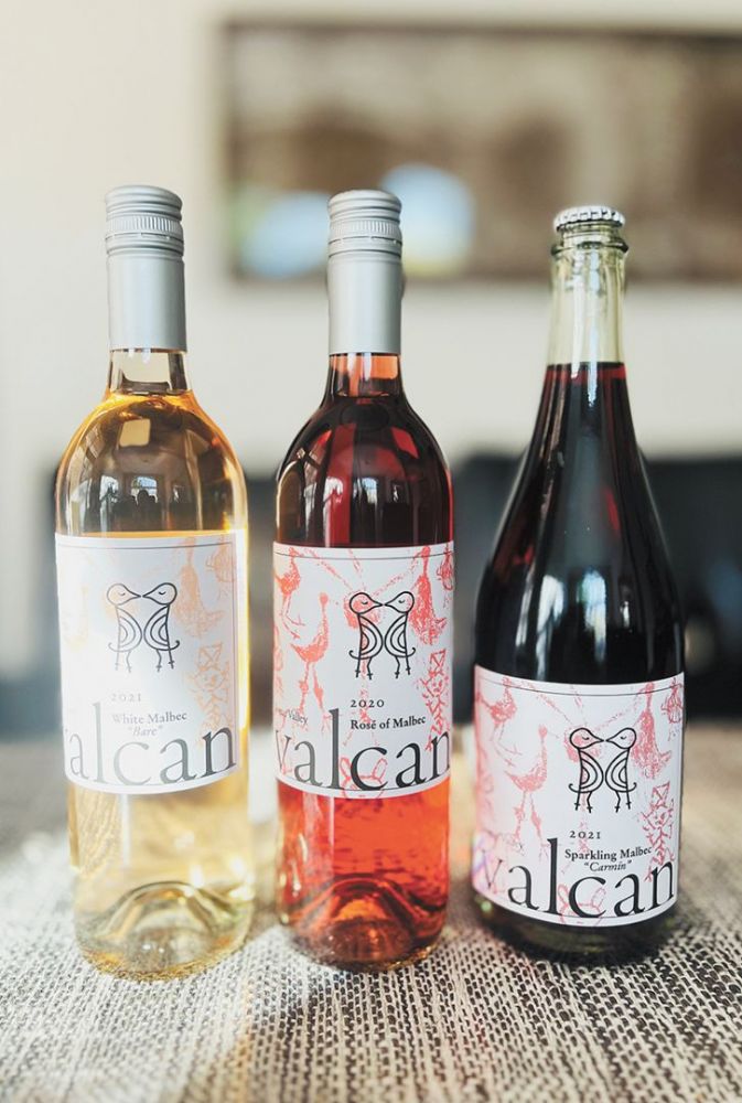 The “trifecta” of Valcan Cellars: “Bare,” the pale “white” Malbec, the pink is rosé of Malbec, and “Carmin,” a vibrant crimson-colored sparkling Malbec. ##Photo provided by Valcan Cellars