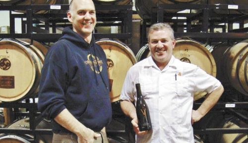 Distiller Brad Irwin, left, with Volcano winemaker Scott Ratcliff.