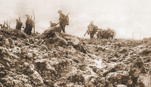 Soldiers on the move through rough French terrain during World War I. ##Photo Provided