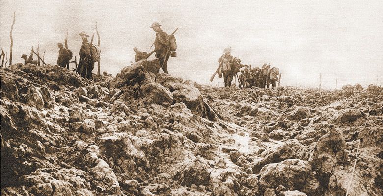 Soldiers on the move through rough French terrain during World War I. ##Photo Provided