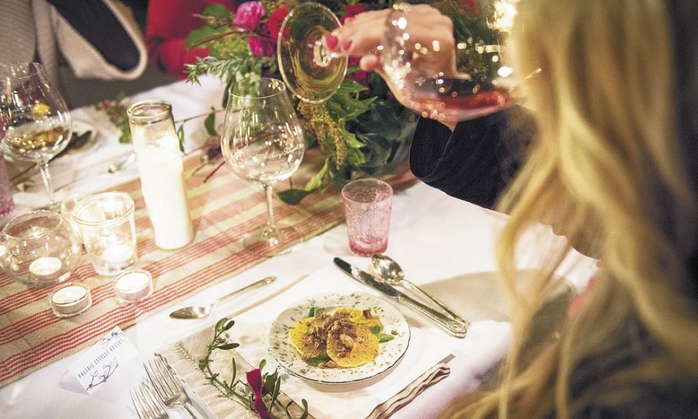 The first course, a tangerine, chocolate and vanilla salad, is paired with Archery’s Summit’s rosé.##Photo by Andrea Johnson