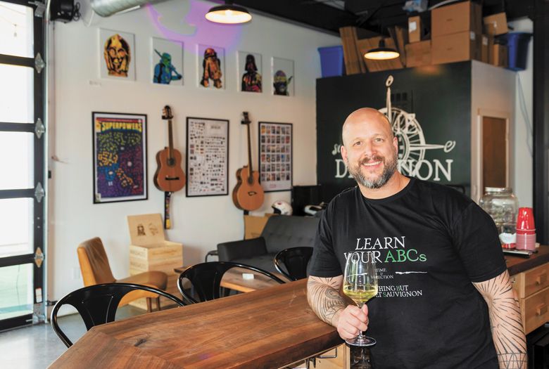 Time & Direction’s Steve Wells, surrounded by geek-chic decor throughout his tasting room, including Star Wars action figures, guitars and a keyboard. ##Photo by Richard Duval