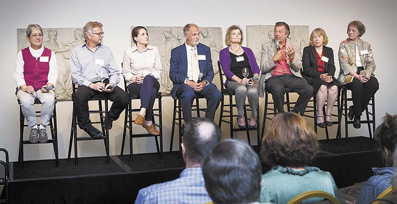 The Willamette Founding Families Oregon Wine Month Celebration included a panel discussion featuring (from left) Susan Sokol Blosser, Dave Paige of Adelsheim, Elizabeth Adelsheim, Joe Campbell of Elk Cove, Nancy and Dick Ponzi, Pat Campbell and Diana Lett of The Eyrie Vineyards.##Photo by Anna Campbell