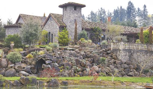 Villa Catalana Cellars features handcrated stone work, three ponds and lush landscaping.##Photo by Jade Helm
