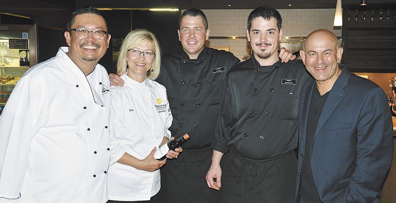 Willamette Valley Vineyards’
Cook-off featured contestants (from left) Victor Panichkul Ackermann, Kim Banick, Eric Nelson, Quentin Reavis and
celebrity judge Simon
Majumdar.##Photo provided