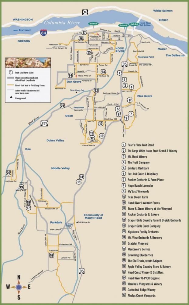 Map of the entire Hood River Fruit Loop with all the stops marked.
