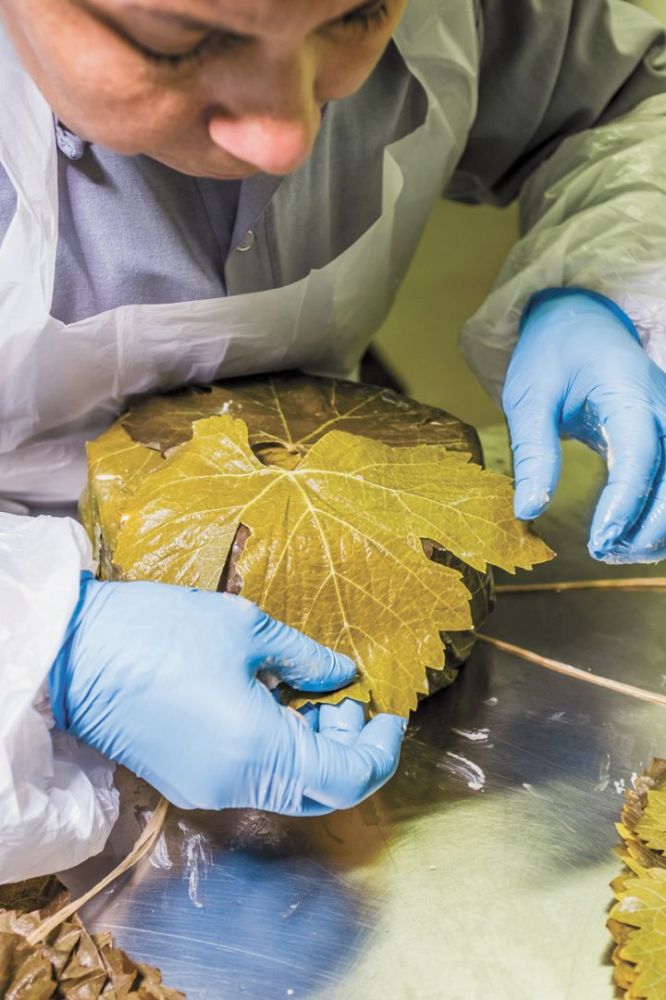 An employee wrapping Rogue River Blue Cheese with biodynamic Syrah grapevines from Troon Vineyard.##Photo by DanielLober