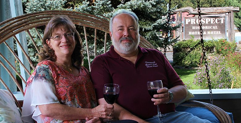 Karen and Fred Wickman on the Prospect Historic Hotel veranda##Photo provided