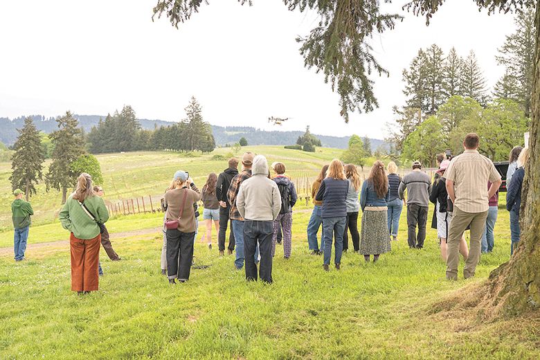 A drone spraying nettle tea on Soter Vineyards&rsquo; biodynamic vineyard as attendees watch at this year&rsquo;s Organically Grown Wine Conference. ## Photo by Shawn Linehan