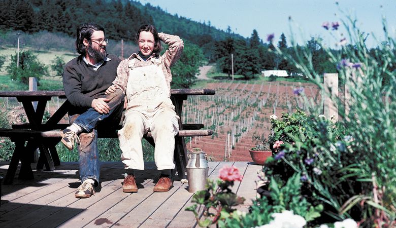 David and Ginny Adelsheim in the early ’70s at the newly planted vineyard near Newberg.##Photo provided