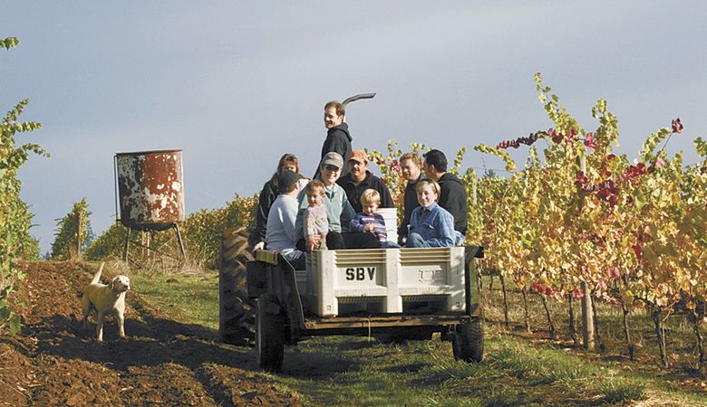 Alex Sokol Blosser throws a stick for the family dog with his mom, Susan, behind Alex’s twin boys and sister, Alison. Staff joins the joy ride.##Photo provided