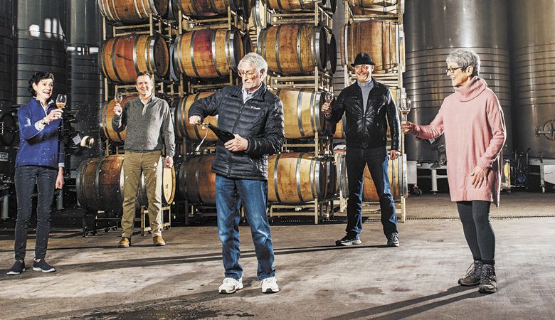 Adelsheim Vineyard’s Lynn Loacker (from left), Rob Alstrin and David Adelsheim join Sokol Blosser Winery’s Alex Sokol Blosser and Susan Sokol Blosser in celebration of the founding wineries’ golden anniversaries. ##Photo by Kathryn Elsesser