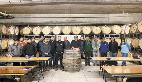 From left: Omar Garcia; Omar Chavez, Hawks View vineyard supervisor; Natividad Ramos; Marco Coronado; Alejandro;&nbsp; Moreno Velador; DeAnna Ornelas, AHIVOY president; Daniel Barajas; Alejandro Avalos Corona; Miguel Angel Azua; Don Crank, Hawks View Winery winemaker and AHIVOY instructor; Elizabeth Cryan, Spanish support facilitator; Sergio Reyes; Adrian Mendoza; Ben Hernandez; Jos&eacute; Martinez Lopez; Elena Rodriguez, AHIVOY education committee member. ##Photo provided