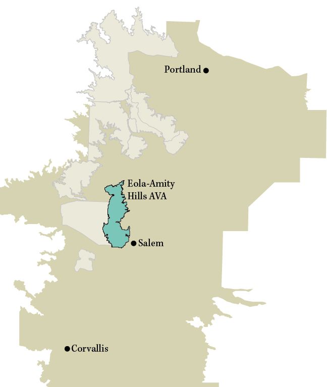 Map of the nested Eola-Amity Hills American Vitcultural Area within the Willamette Valley. ## Image by Oregon Wine Press