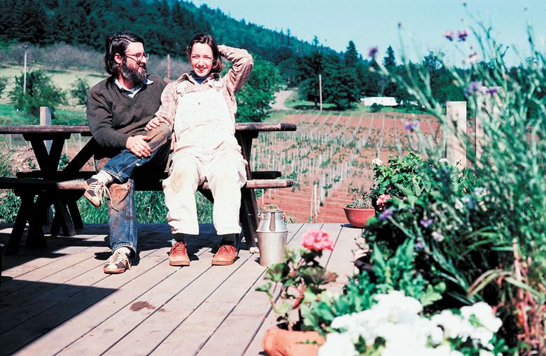 David with very pregnant Ginny Adelsheim, taken in September, 1981. ##Photo courtesy of Adelsheim Vineyard