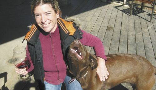 Alexandrine Roy enjoys a glass of wine and the Phelps Creek vineyard puppy, Rosie Rosé, a 9-month-old chocolate Labrador Retriever.