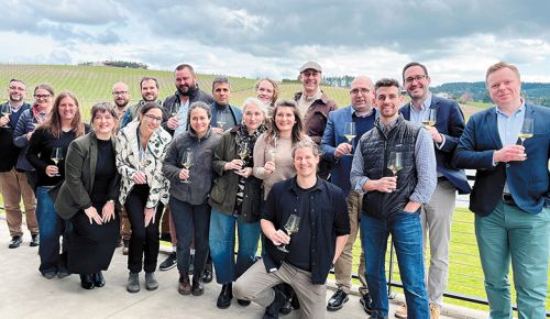 Attendees of this spring’s tirage liège seminar, hosted by Amorim Cork at Ponzi Vineyards. ## Photo by Gail Oberst