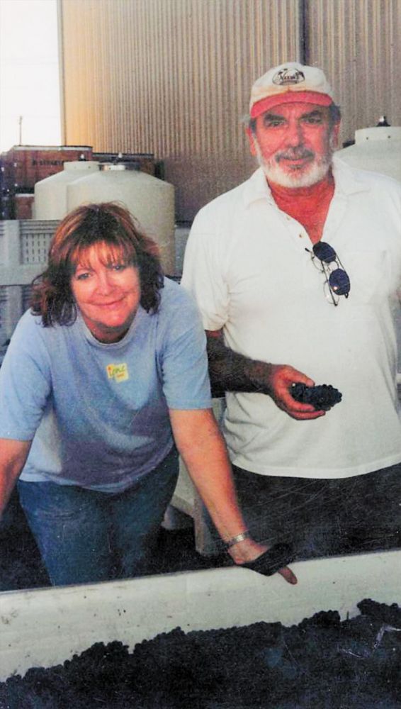 Anam Cara Cellars’ Sheila and Nick Nicholas processing their fruit at R. Stuart & Co. during their first harvest in 2023. (Take note of Nick’s white shirt! ##Photo by Anam Cara Cellars