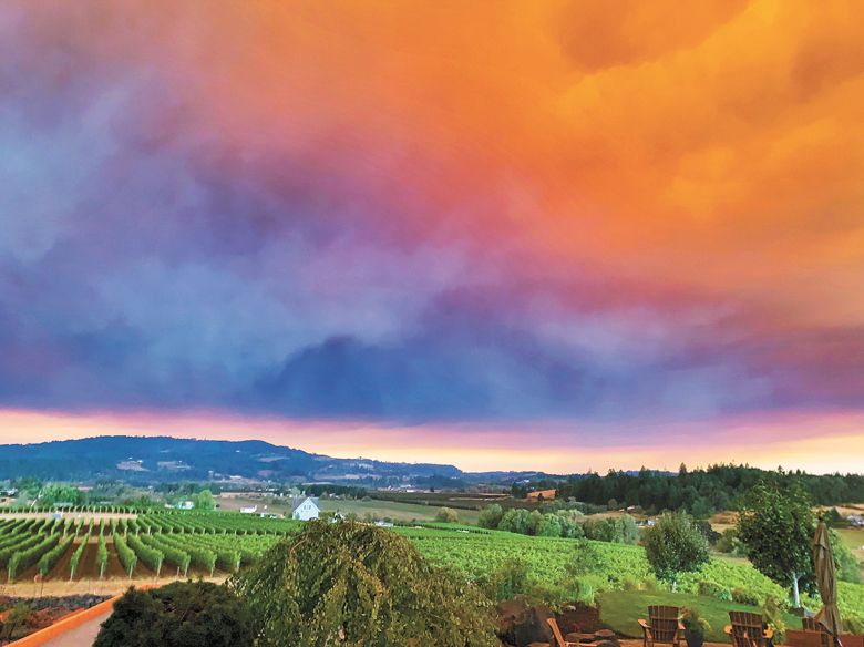 6:21 p.m.  Sept. 8: Wildfire smoke was carried into the Valley by eastern winds blowing westward. ##Photo by Danell Myers of Anacréon Winery