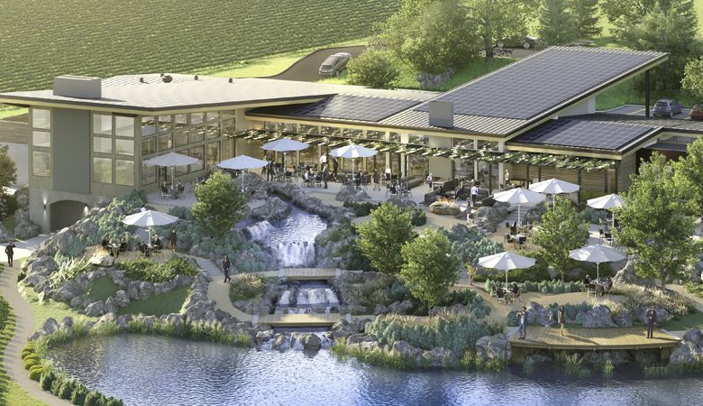 An artist rendering of Willamette Valley Vineyards’ Bernau Estate in the Dundee Hills shows an exterior with many exciting details, including extravagant water features.  ##Image provided