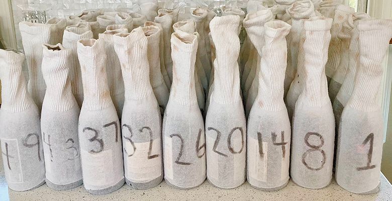 Cellar Selects wine submission samples, “bagged” in numbered socks, ready to be tasted blind. ## Photo by Michele Francisco