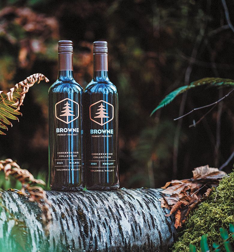 Bottles of Browne Family Vineyards&rsquo; wine in a forest. ## Photo provided by Browne Family Vineyards