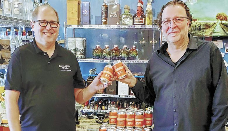 Stewart Boedecker of Boedecker Cellars in Portland (left) and Boris Wiedenfeld-Needham of The Olde McKenzie Bitters Co. and Bo’s Wine Depot in Eugene and Springfield. ##Photo by Curt Pantuso