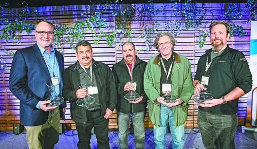 Awardees at the 2020 Oregon Wine Symposium, from left: Greg Jones, Moises Sotelo, Nahum Bahena, Steve Robertson and Herb Quady. (Reprinted from March 2020.)
## Photo by Carolyn Wells-Kramer