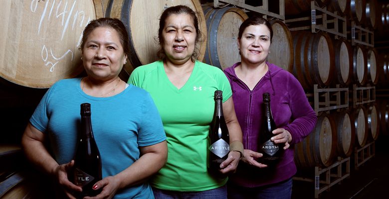 Part of the Argyle family, Carmela Reyes (from left), Martha Acevedo, and Maria de Jesus Quiroz-Guerrero call themselves “The Señoras” at the Newberg winery. ##Photo by Rockne Roll