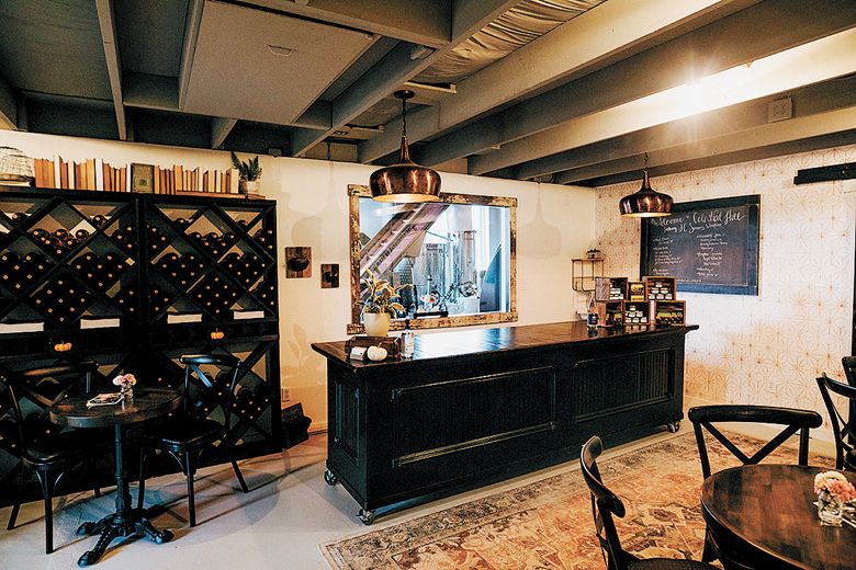 Celestial Hill operates two tasting rooms. The one at the vineyard, where you will be served by Chris and Melissa, is by appointment only. This picture is of their winery tasting room in downtown Carlton where appointments are suggested but not required. Behind the counter is a window into the adjoining winery where Celestial Hill makes all their wines. ##Photo provided by Celestial Hill Vineyard