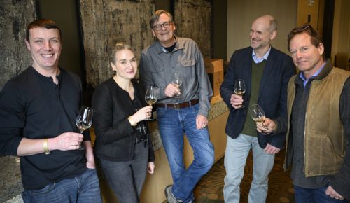 The 2019 Oregon Chardonnay Celebration panel at The Allison Inn & Spa in Newberg (from left): Ben Casteel, Bethel Heights; Kate Payne-Brown, Stoller Family Estate; Robert Brittan, Brittan Vineyards; Jason Lett, The Eyrie Vineyards; and Michael Etzel of Beaux Fr&egrave;res. ##Photo by Andrea Johnson